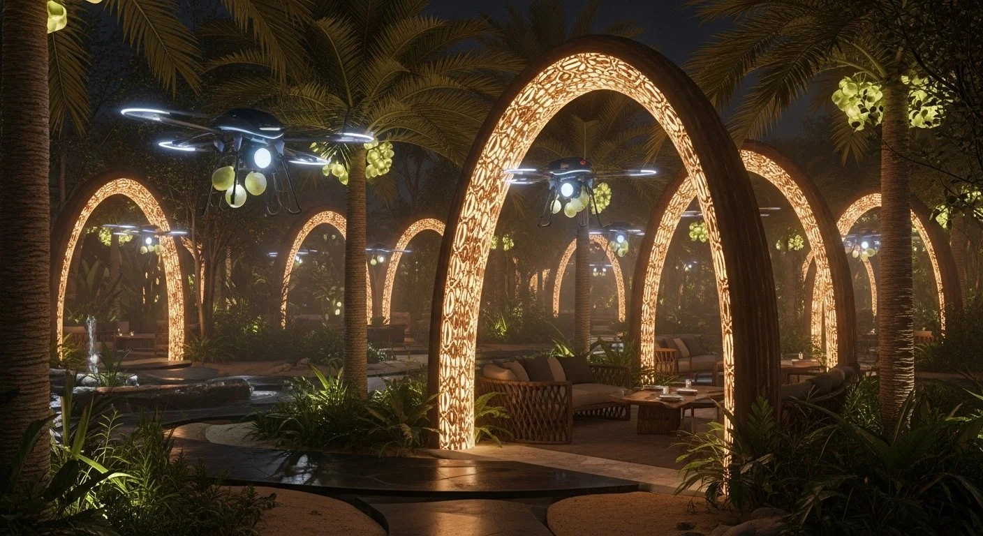An outdoor lounge area illuminated with warm glowing arches, surrounded by lush plants and trees, with drones flying overhead during nighttime.