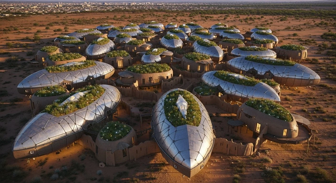 Aerial view of the Earth House Village, a community of interconnected, pod-shaped eco-houses with metal roofs and rooftop gardens, situated in a desert landscape near a city.