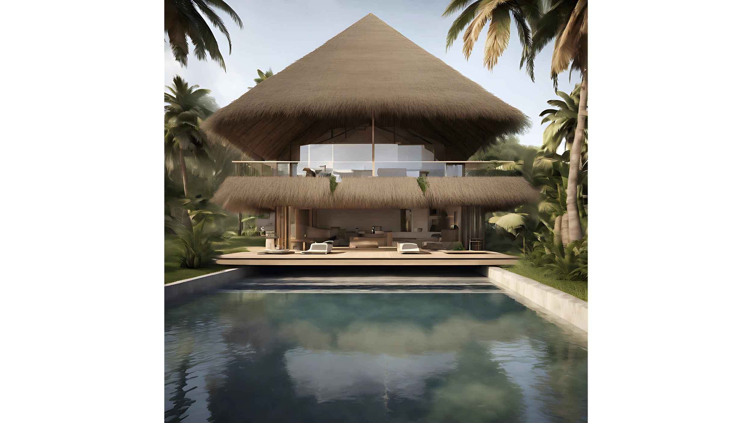 A tropical resort with a thatched-roof villa nestled among palm trees, overlooking a swimming pool.