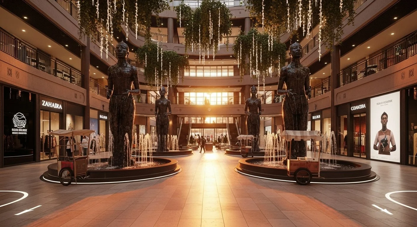 Interior of a shopping mall with five large statues of women, fountains, and hanging plants. The sun is setting in the background, casting a warm glow, with storefronts on either side.