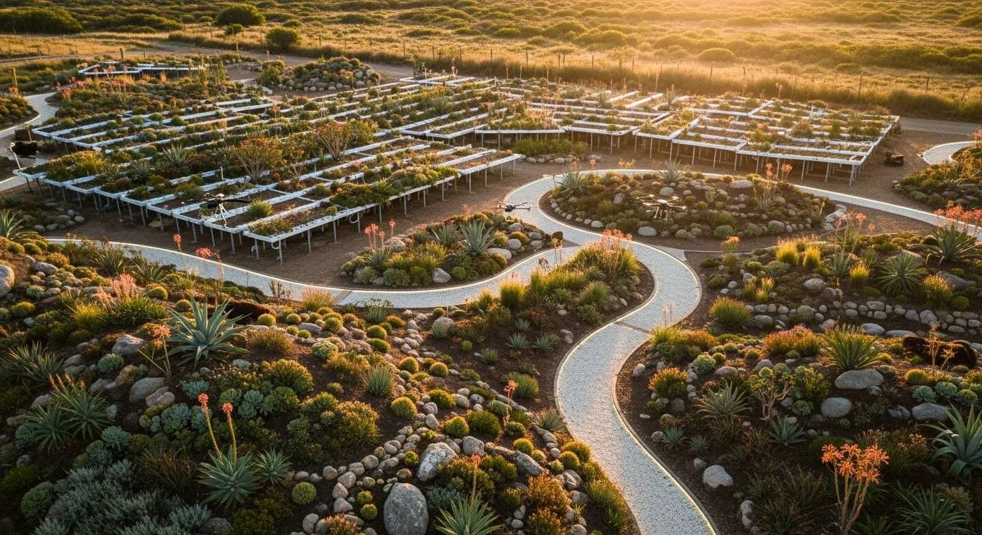 A landscaped garden with winding pathways, various desert plants, cacti, and rocks, illuminated by warm evening sunlight.