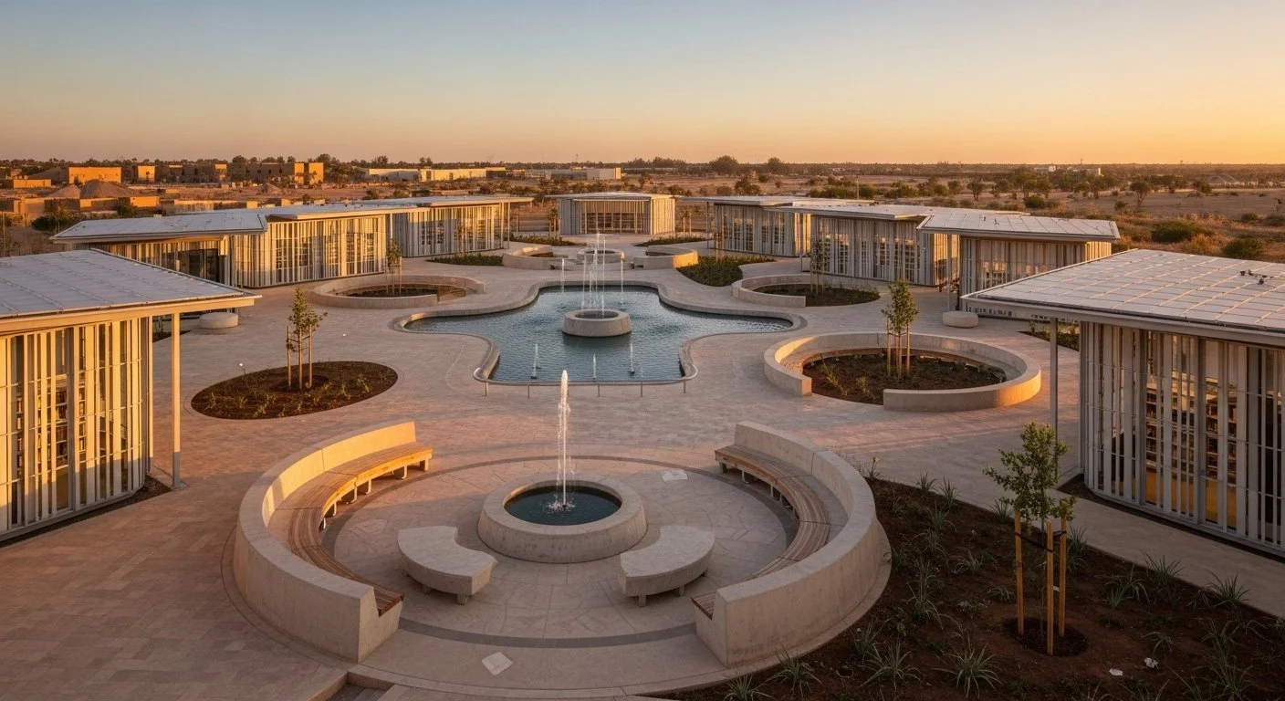 Modern outdoor plaza with fountains, circular benches, and surrounding buildings, during sunset.