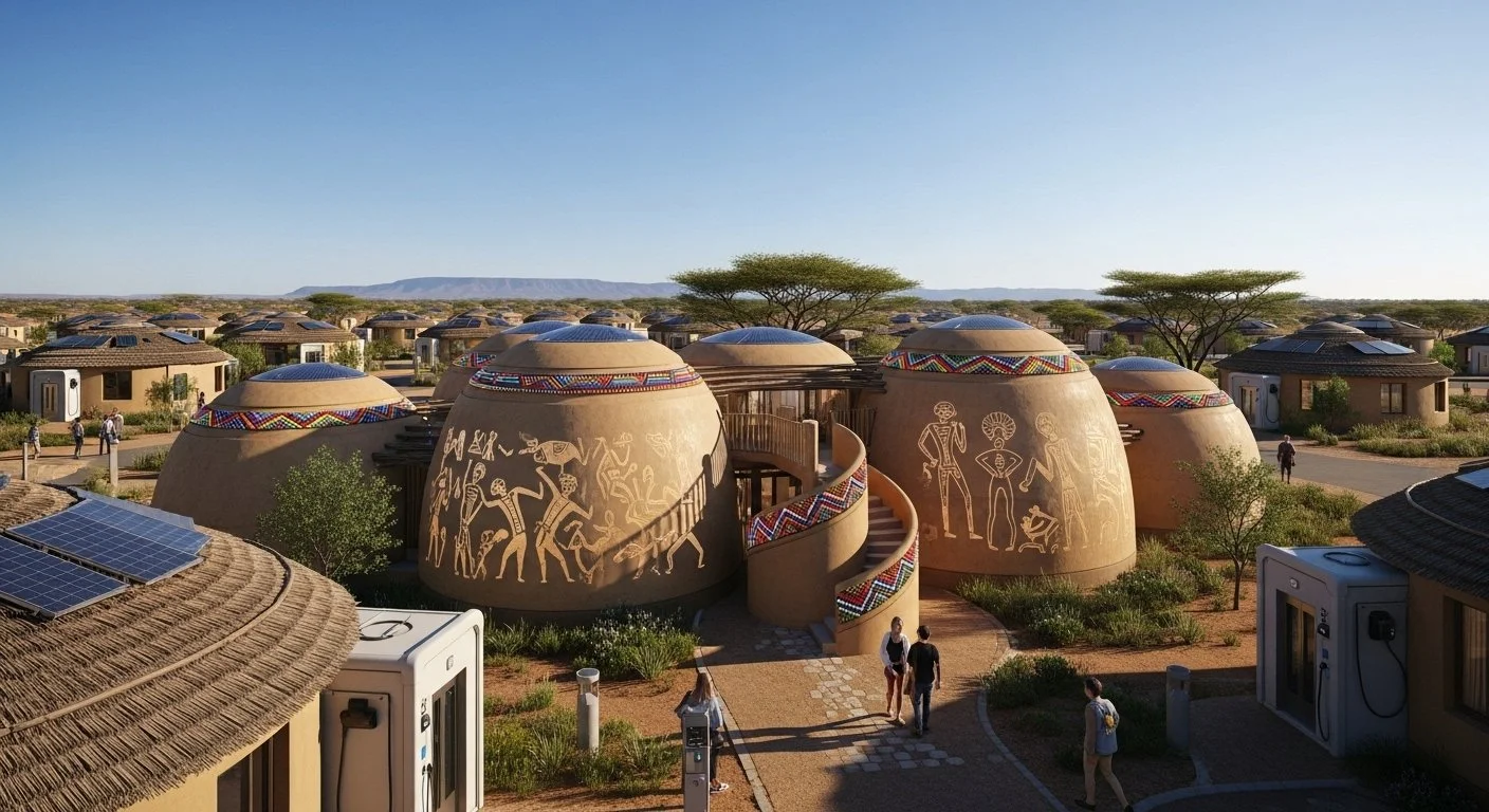 A community of eco-friendly, earth-hued round houses featuring colorful tribal patterns, with solar panels on the roofs, set in a dry, open landscape with sparse trees.