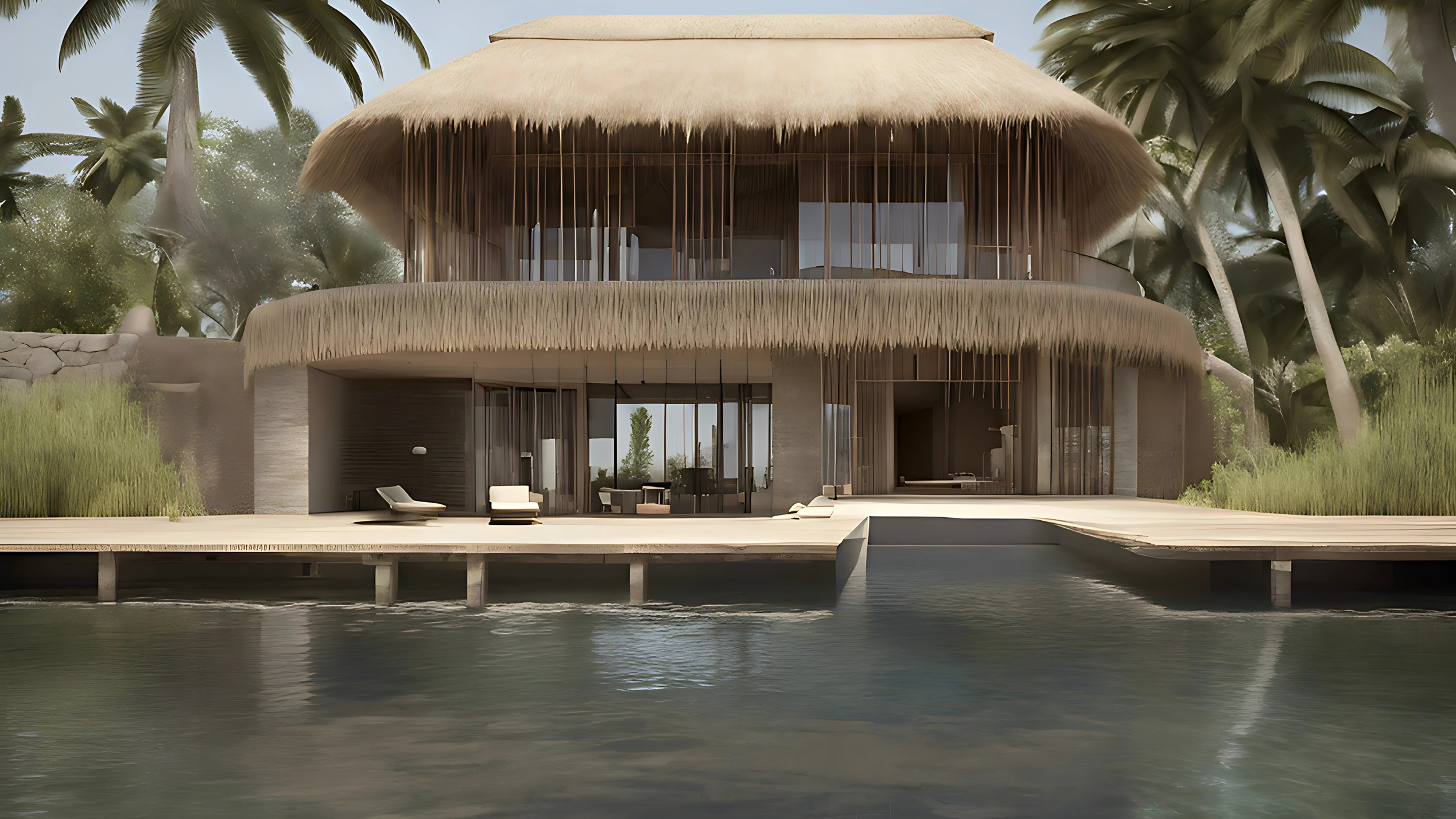 A modern, tropical-style house by the water with a thatched roof, large glass windows, and a patio with chairs and lounge area, surrounded by palm trees.