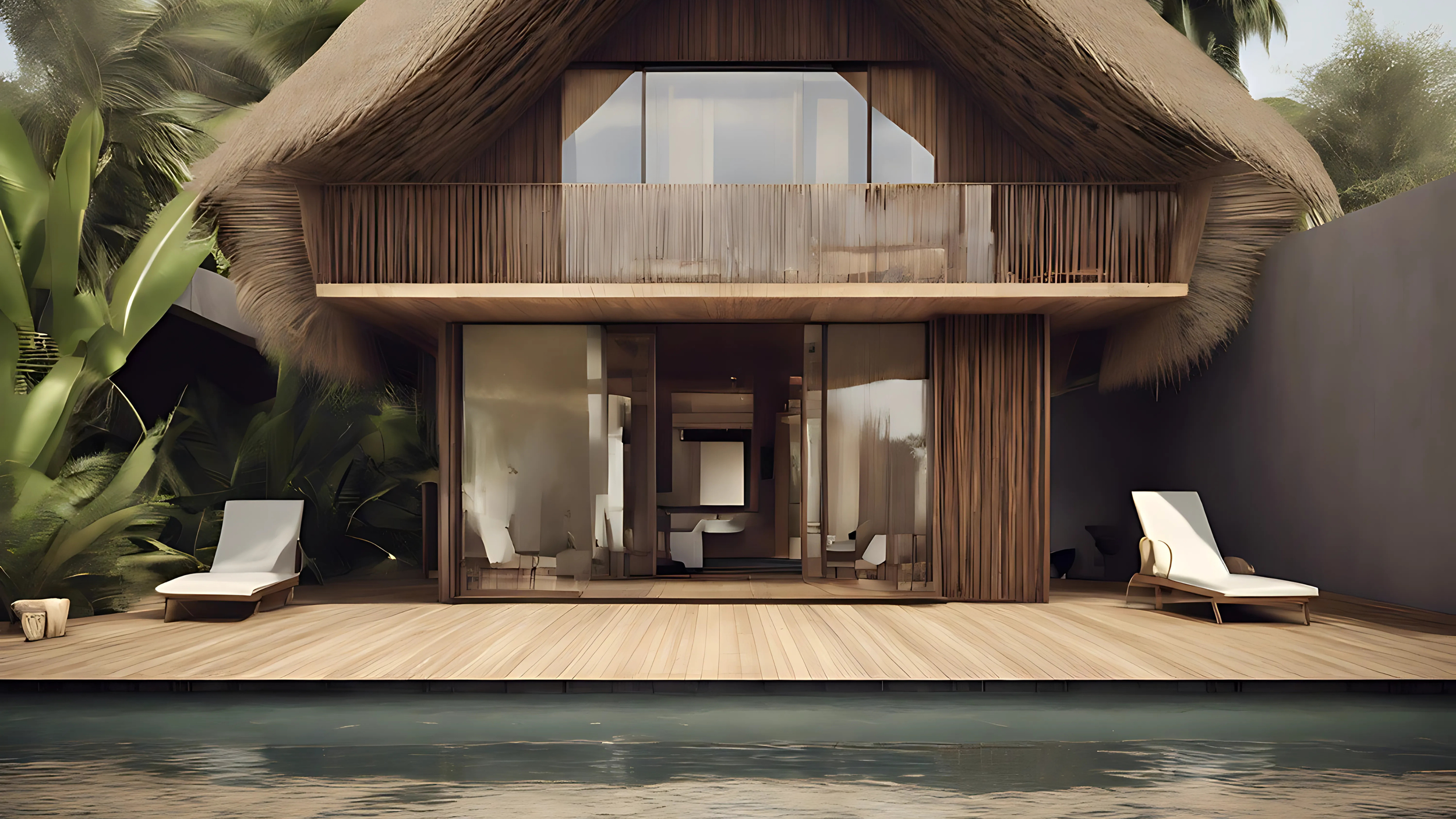 Luxury modern house with a thatched roof, large glass sliding doors, a wooden deck, and pool, surrounded by tropical plants.