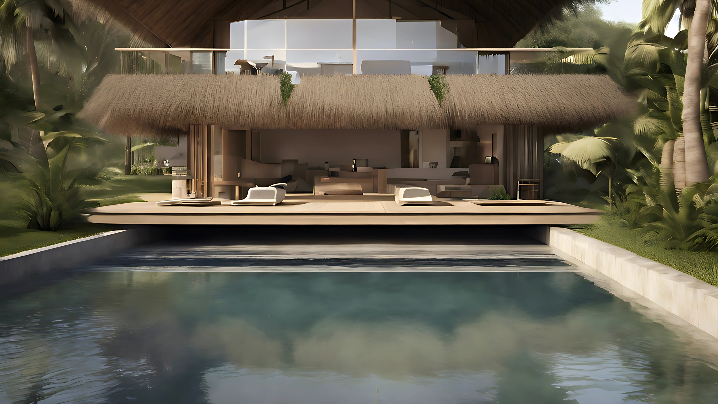 A modern house with a thatched roof, large glass windows, and outdoor lounging area beside a swimming pool, surrounded by lush green tropical plants.