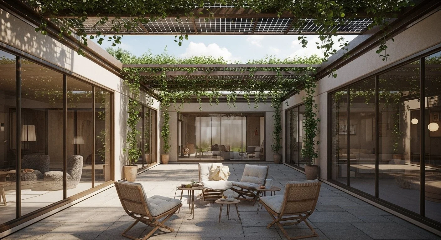 A bright patio with outdoor seating, glass sliding doors, potted plants, and a pergola with climbing vines.