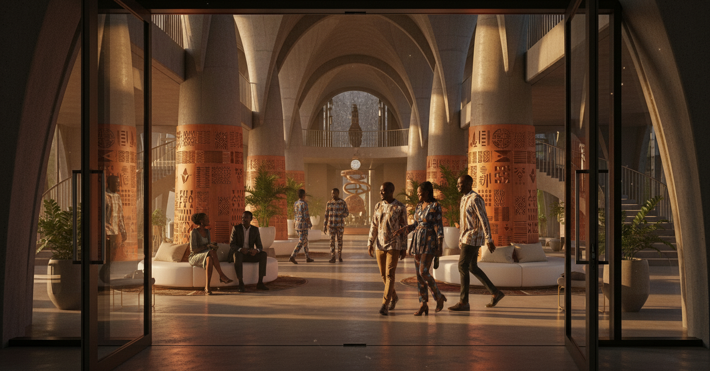 Interior of a modern, spacious building with high arched ceilings, tall columns decorated with orange patterns, large glass doors, indoor plants, and people walking and sitting.