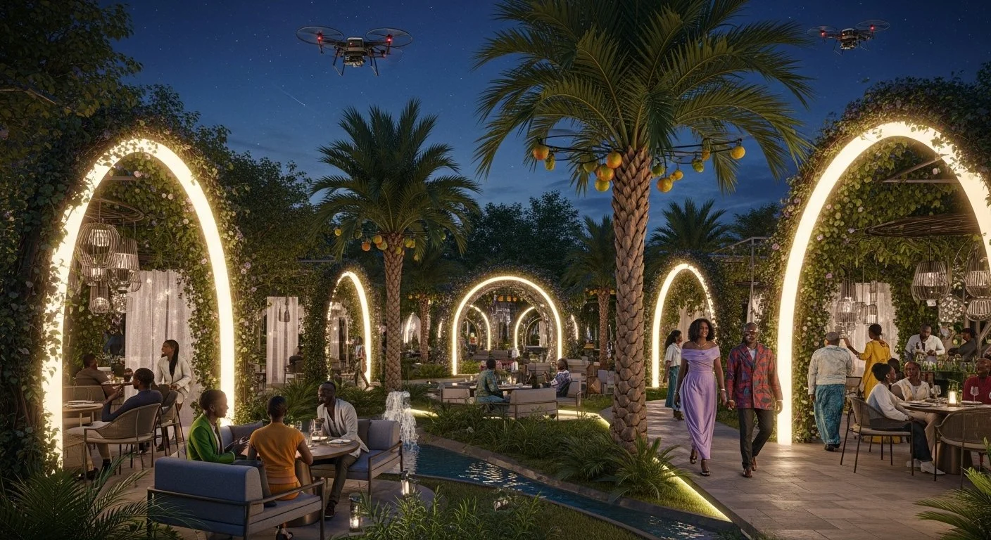 Outdoor dining area at night with arched illuminated structures, palm trees, and hanging lanterns, featuring people dining, walking, and socializing.