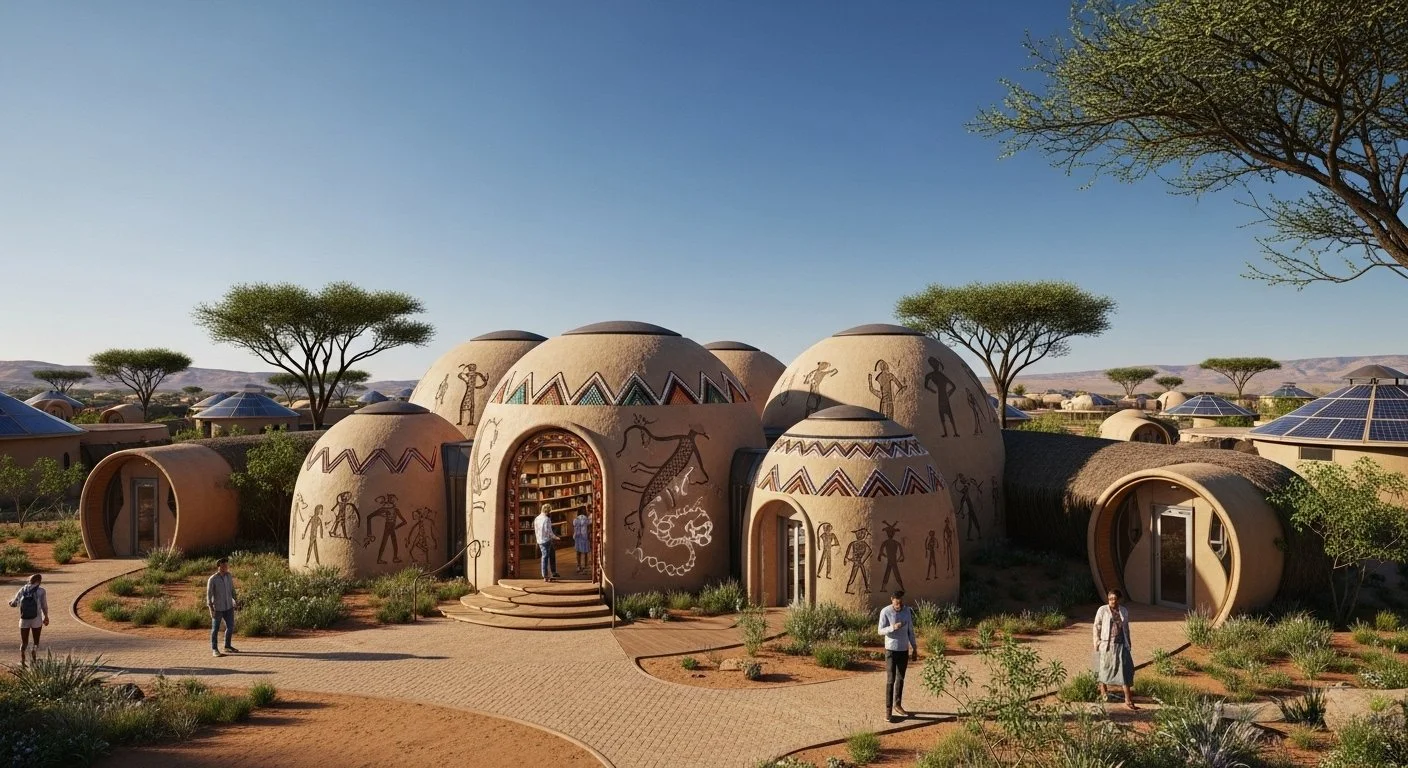 Futuristic eco-friendly village with dome-shaped buildings decorated with tribal art, surrounded by desert landscape, trees, and solar panels on some roofs, with people walking along pathways.