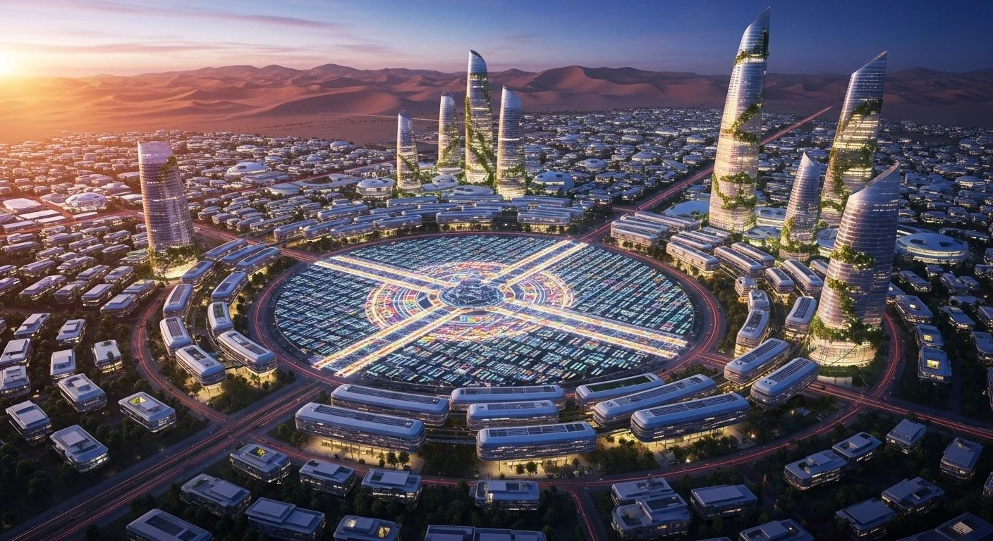 Futuristic cityscape at sunset with tall, curved skyscrapers surrounding a circular, illuminated center area, and numerous small buildings and roads extending outward.