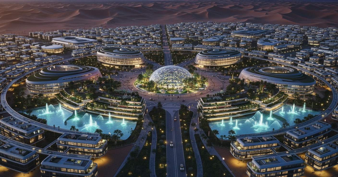 Futuristic cityscape with large, oval-shaped buildings, a glass-domed central structure, water fountains, and lush greenery, set against desert dunes at dusk.