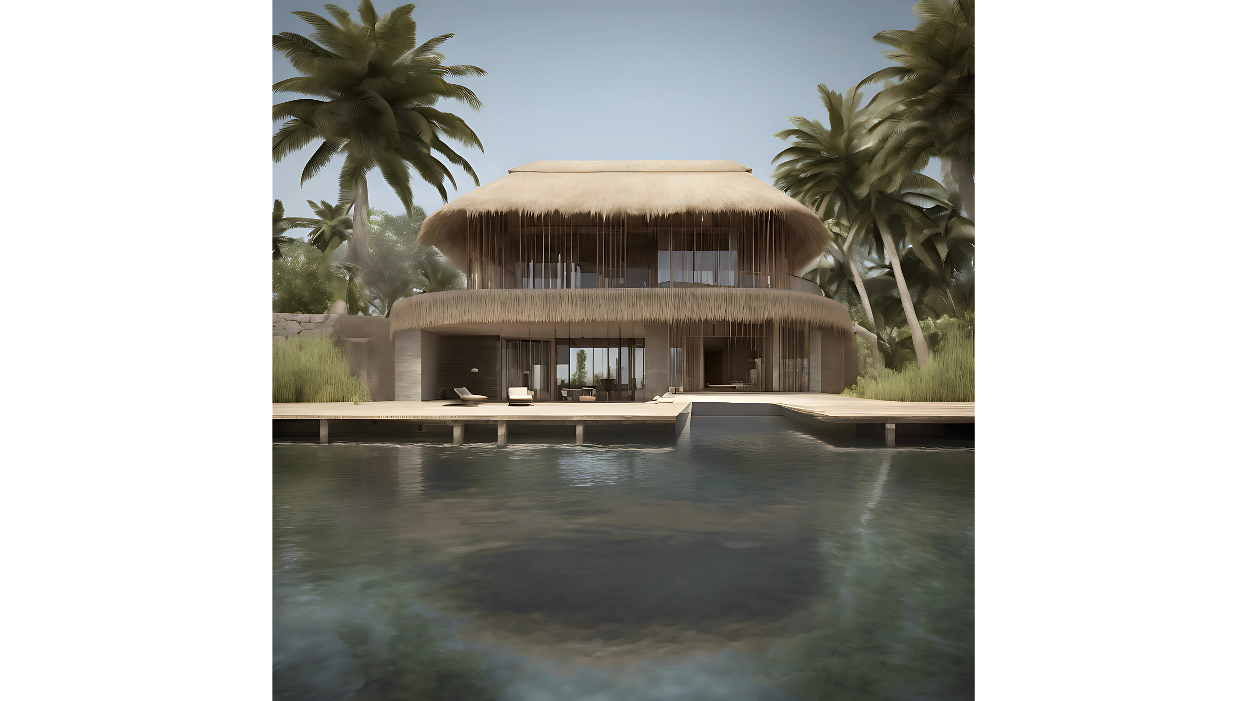 A modern house with thatched roof and large glass windows on a waterfront, surrounded by palm trees.