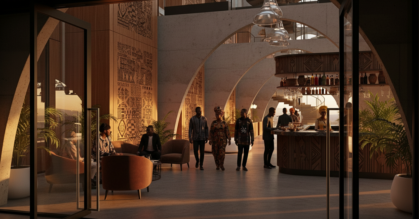 Interior of a modern lounge or bar with wooden decor, large arching structures, and several people walking and sitting, some at a bar counter with bottles and glassware, during sunset or low light ambiance.