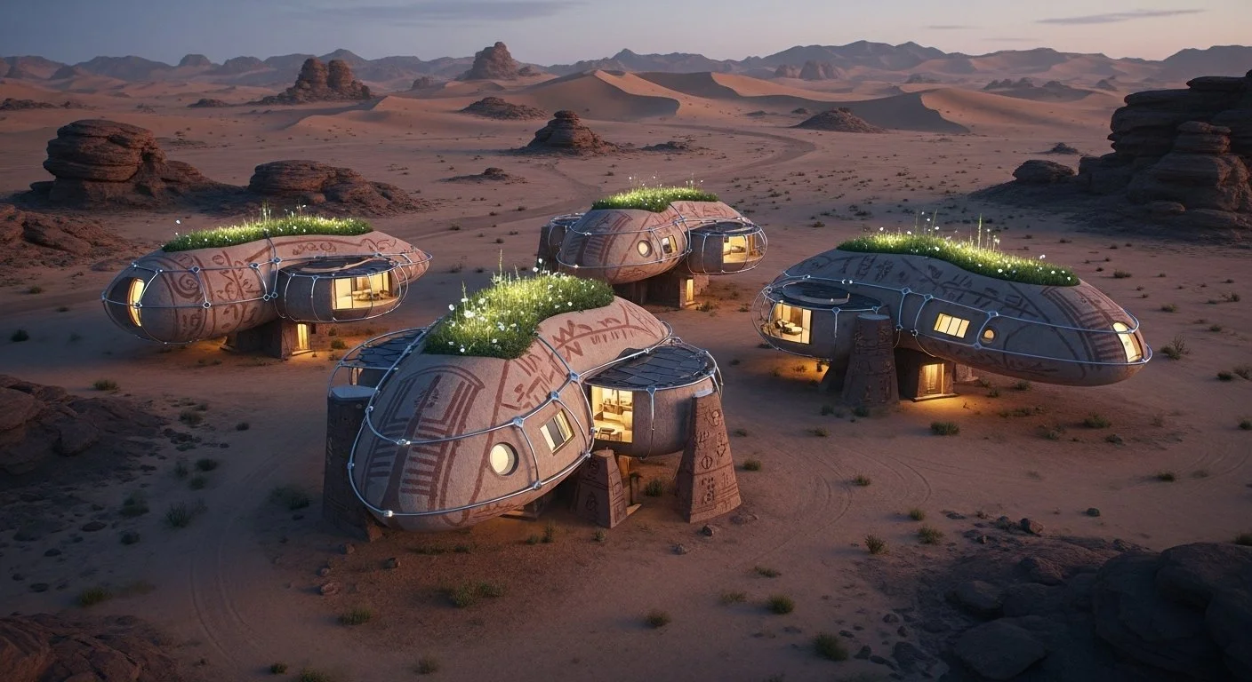 A futuristic desert settlement with five dome-shaped buildings featuring intricate patterns on their exteriors. The domes have windows and appear to be elevated on stilts, with indoor lighting visible. Green vegetation grows on the rooftops, with som