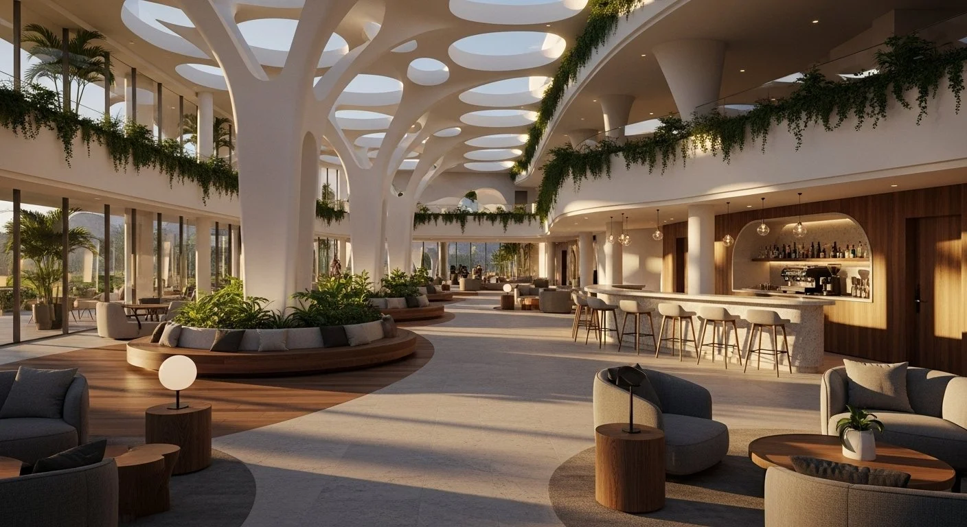 Interior of a modern hotel lobby with large white tree-like structures, seating areas, plants, a bar with bar stools, and a well-lit, open design featuring natural light.
