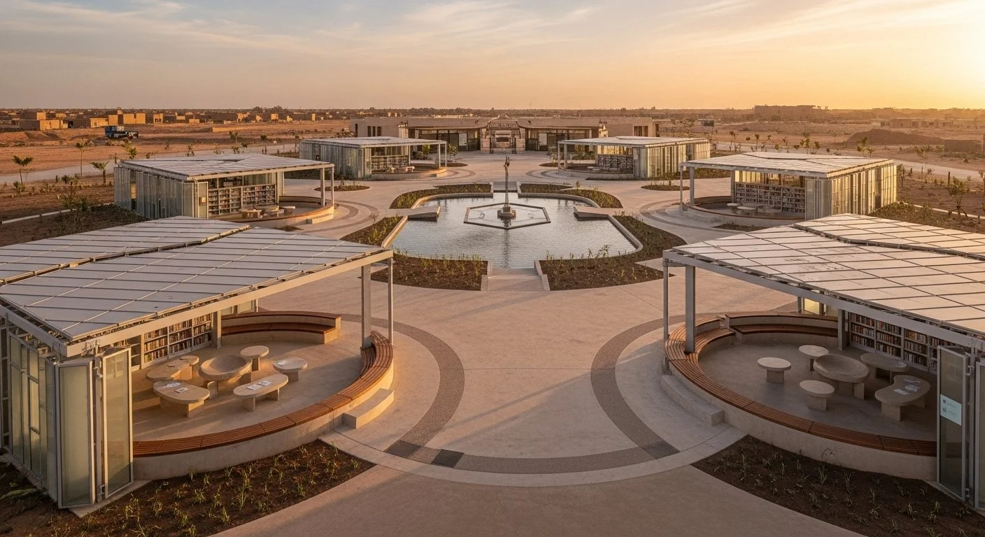 A modern, open-air outdoor library with circular seating areas under metal and glass structures and a central fountain, set in a desert landscape at sunset.