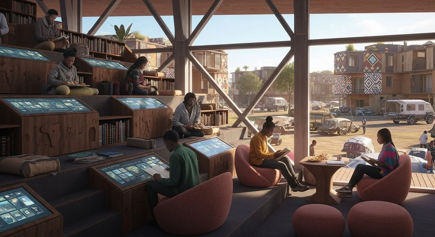 A modern library with multiple levels of people reading and using digital screens, large windows with a view of a parking area and neighborhood outside.