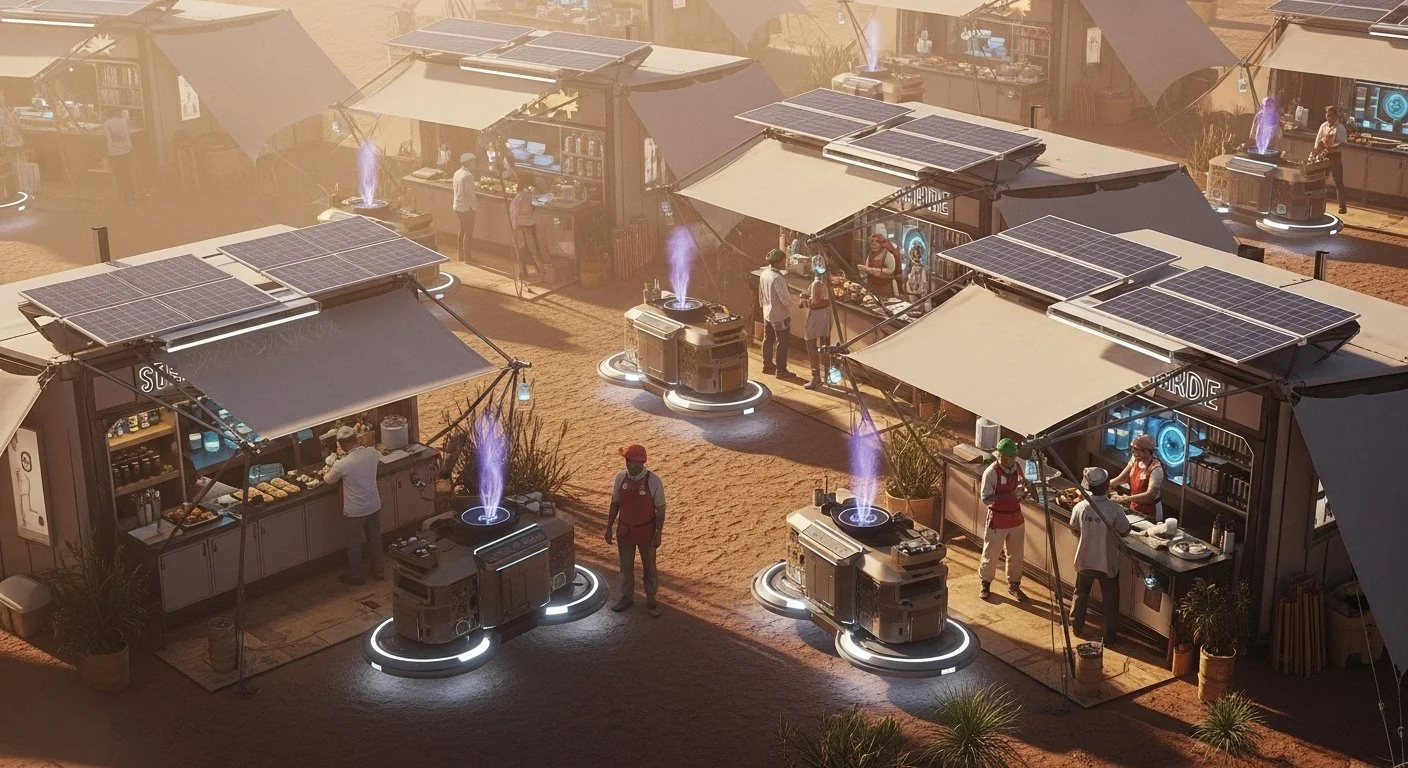 An outdoor marketplace or food court with multiple food stalls under tents with solar panels on top. There are a few people working at the stalls and some customers. The ground is sandy, and there are decorative plants around. Some of the stalls have