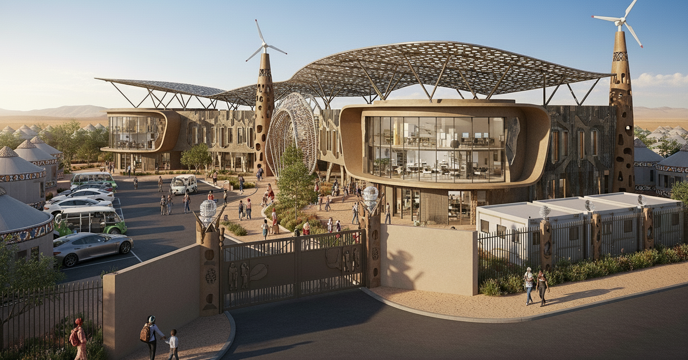 A modern architectural building with wind turbines on the roof, surrounded by parking lot and people walking outside, desert landscape in background.