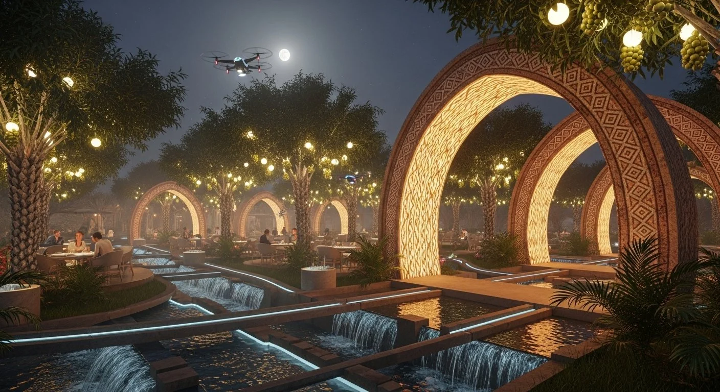 A nighttime scene of an outdoor dining area with lush greenery, illuminated arches, and hanging string lights, featuring people sitting at tables. There is a drone flying near the full moon in the sky.