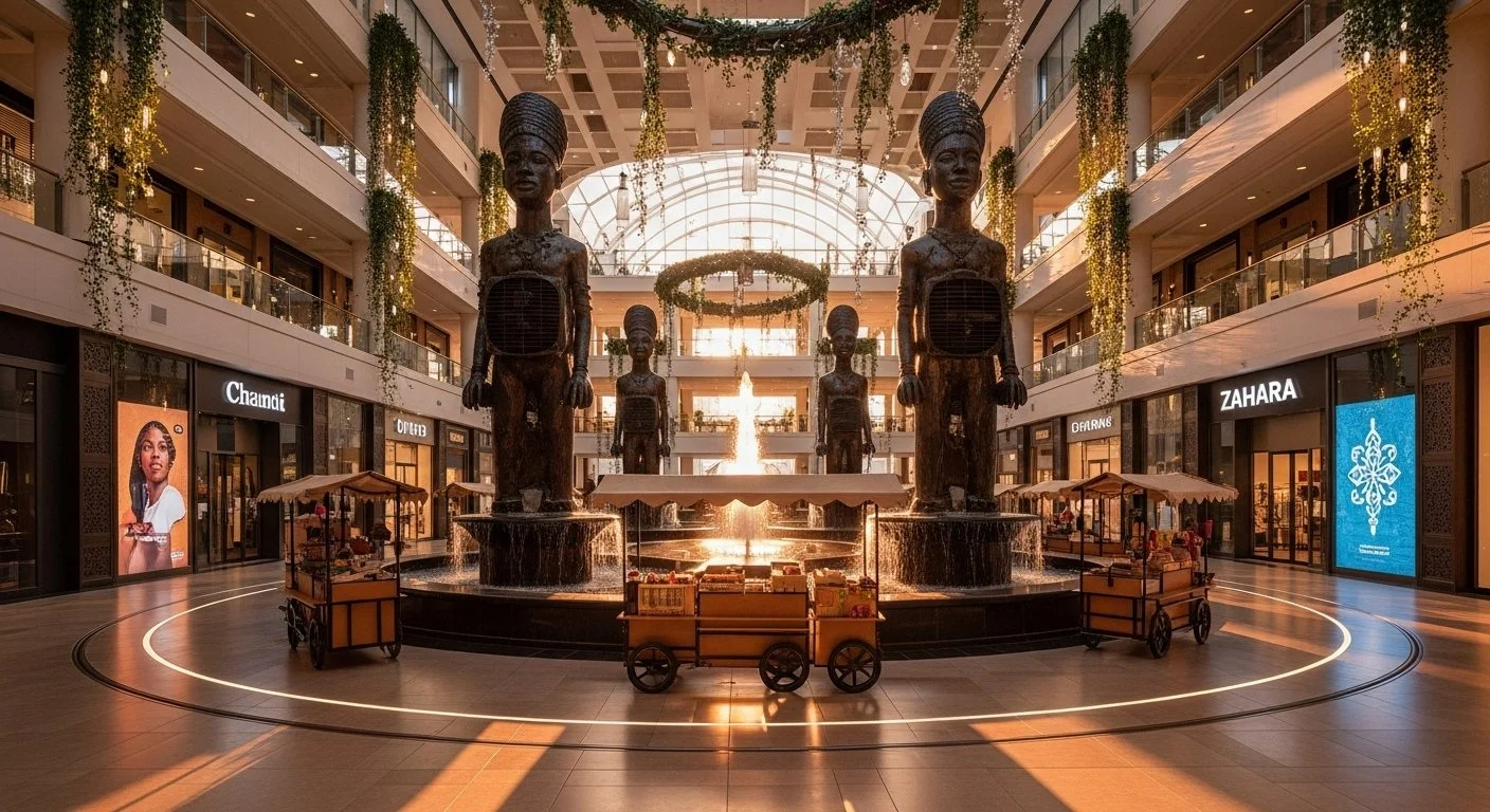 Interior view of a shopping mall with a large fountain featuring four giant statues of African women, surrounded by greenery, shops, and warm lighting.