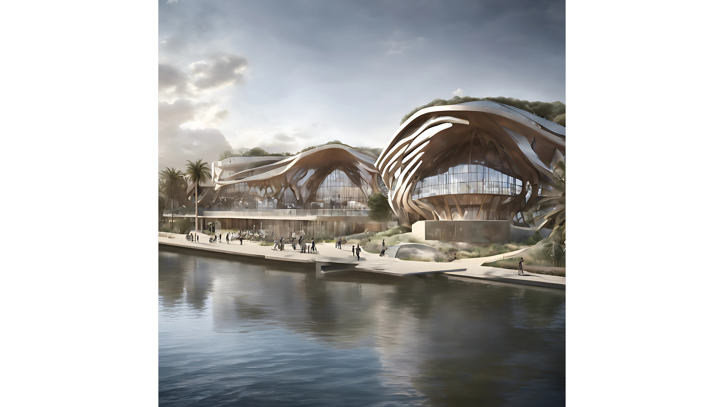 Futuristic architectural building with flowing, organic shapes near a body of water, with people walking along the promenade, palm trees, and a cloudy sky.