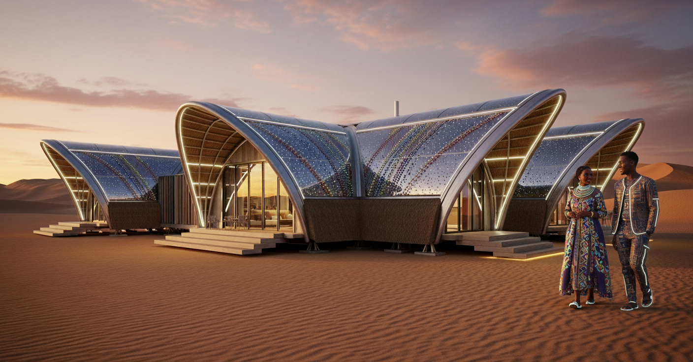 A futuristic building with curved metallic and glass walls is situated in a desert during sunset. Two people in colorful traditional African clothing walk and chat nearby.