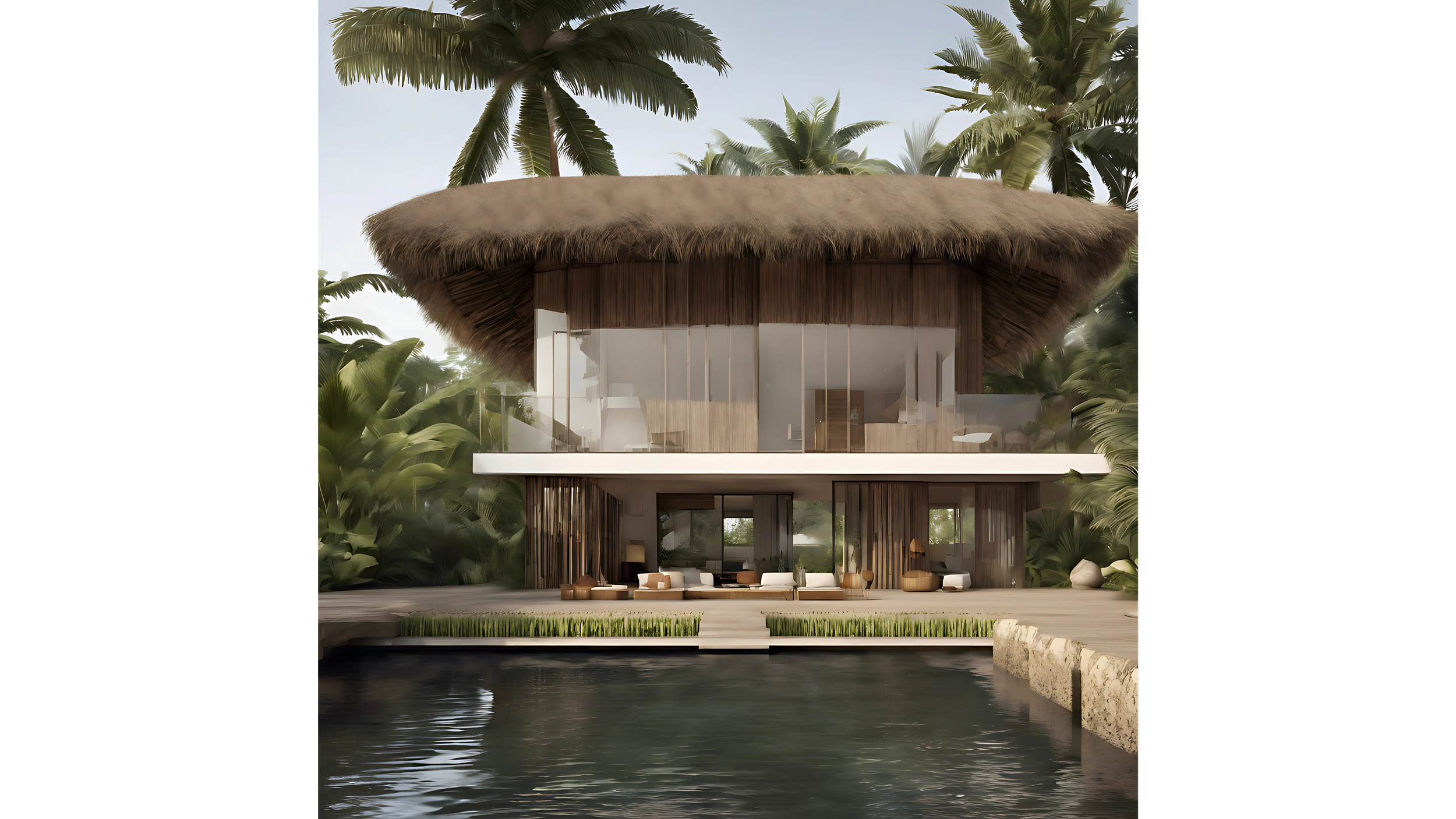 A two-story modern house with a thatched roof, large glass windows, and tropical surroundings, situated next to a water body. The ground floor features an outdoor seating area with couches and chairs, and the upper floor has an open-air balcony.