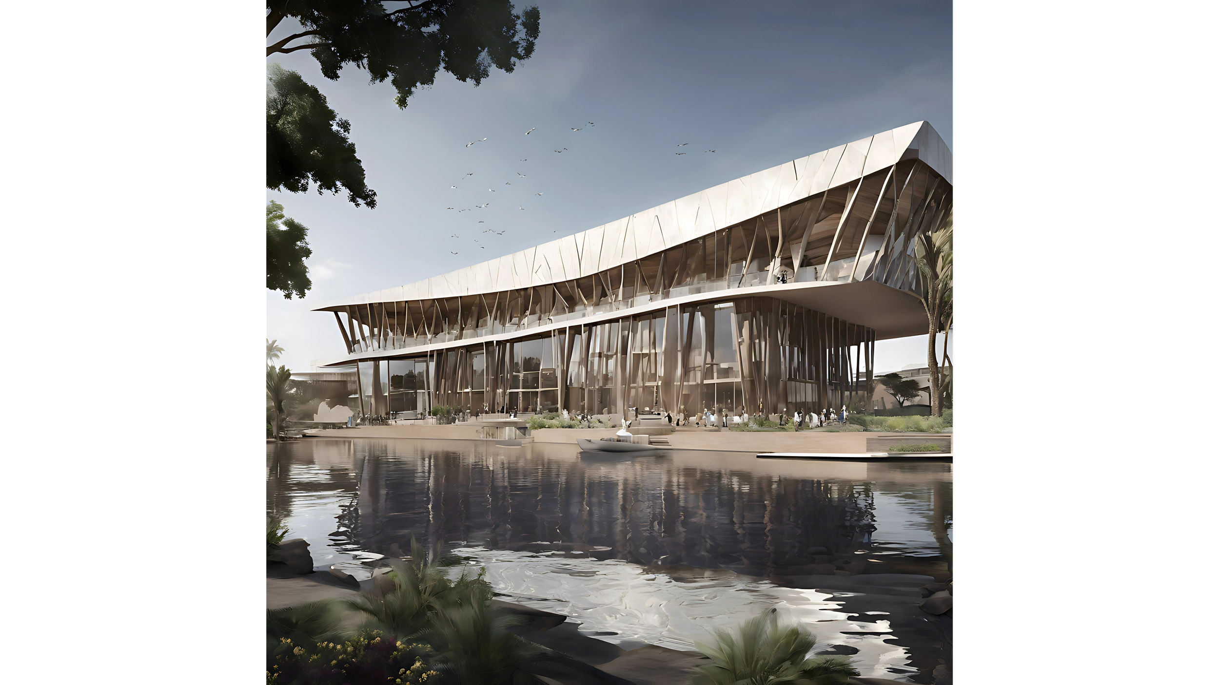 A modern architectural building with a curved, multi-level structure featuring wooden and glass elements, situated by a water body with boats, trees, and people nearby.