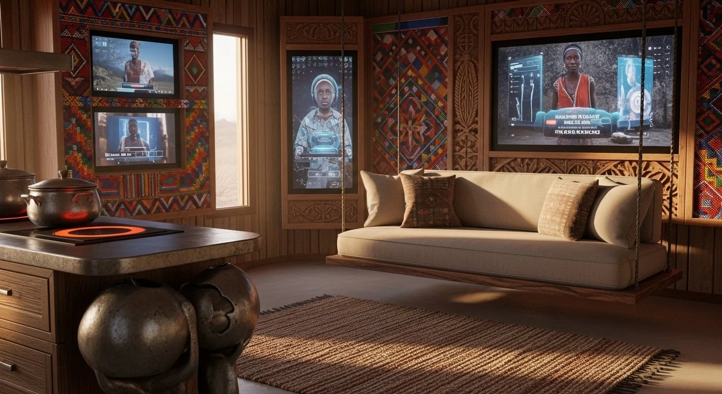 Living room with wooden walls, decorated with colorful tribal patterns. There are three large screens on the walls showing a woman with dark skin and traditional clothing. A beige sofa with pillows is suspended from the ceiling on ropes. There is a w