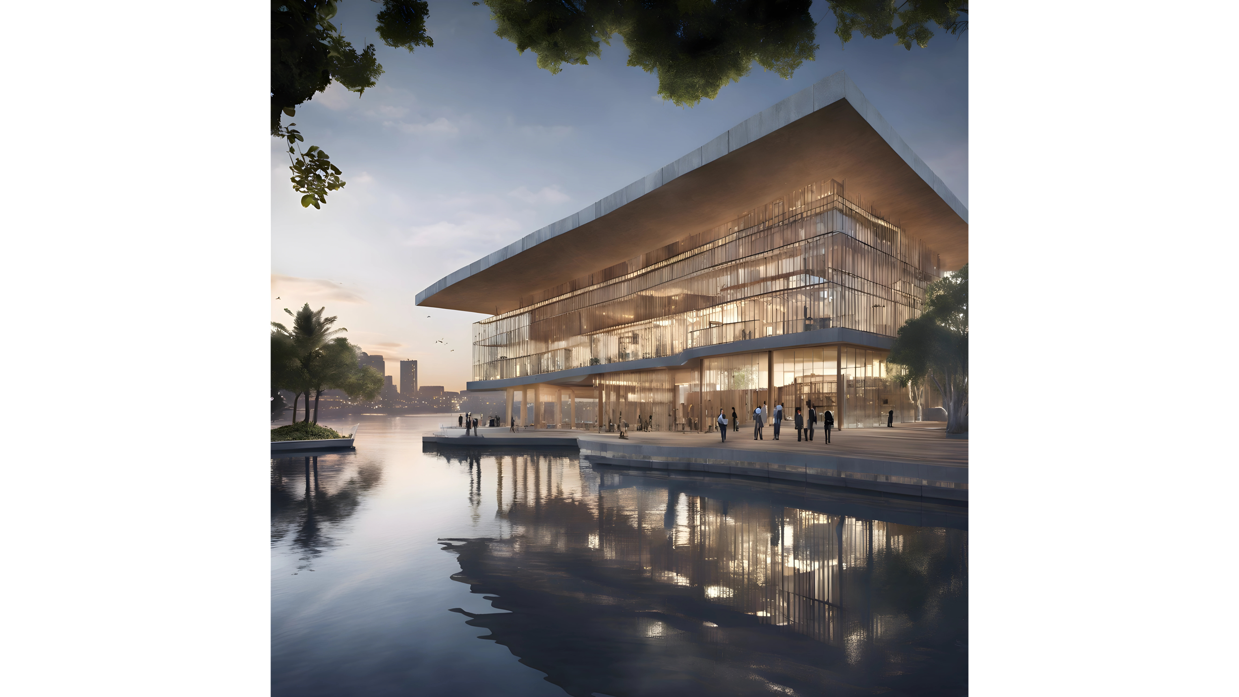 A modern glass building next to a body of water with reflections. The building has large overhanging roofs and people walking around outside, with a city skyline in the background at sunset.