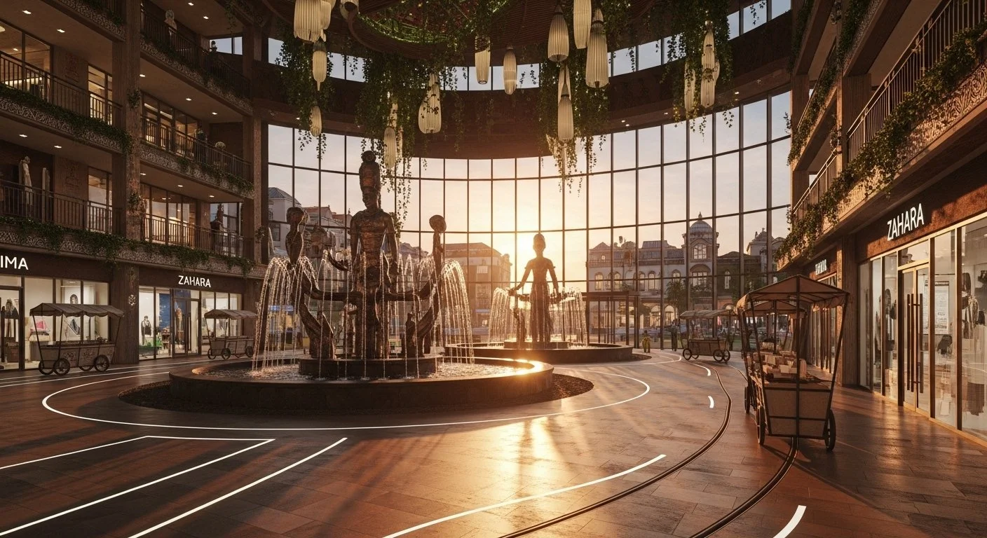 Interior view of a luxury shopping mall with large glass walls, a fountain with sculptures in the center, shopfronts with ZAHARA stores, and outdoor carts, illuminated by warm sunlight.