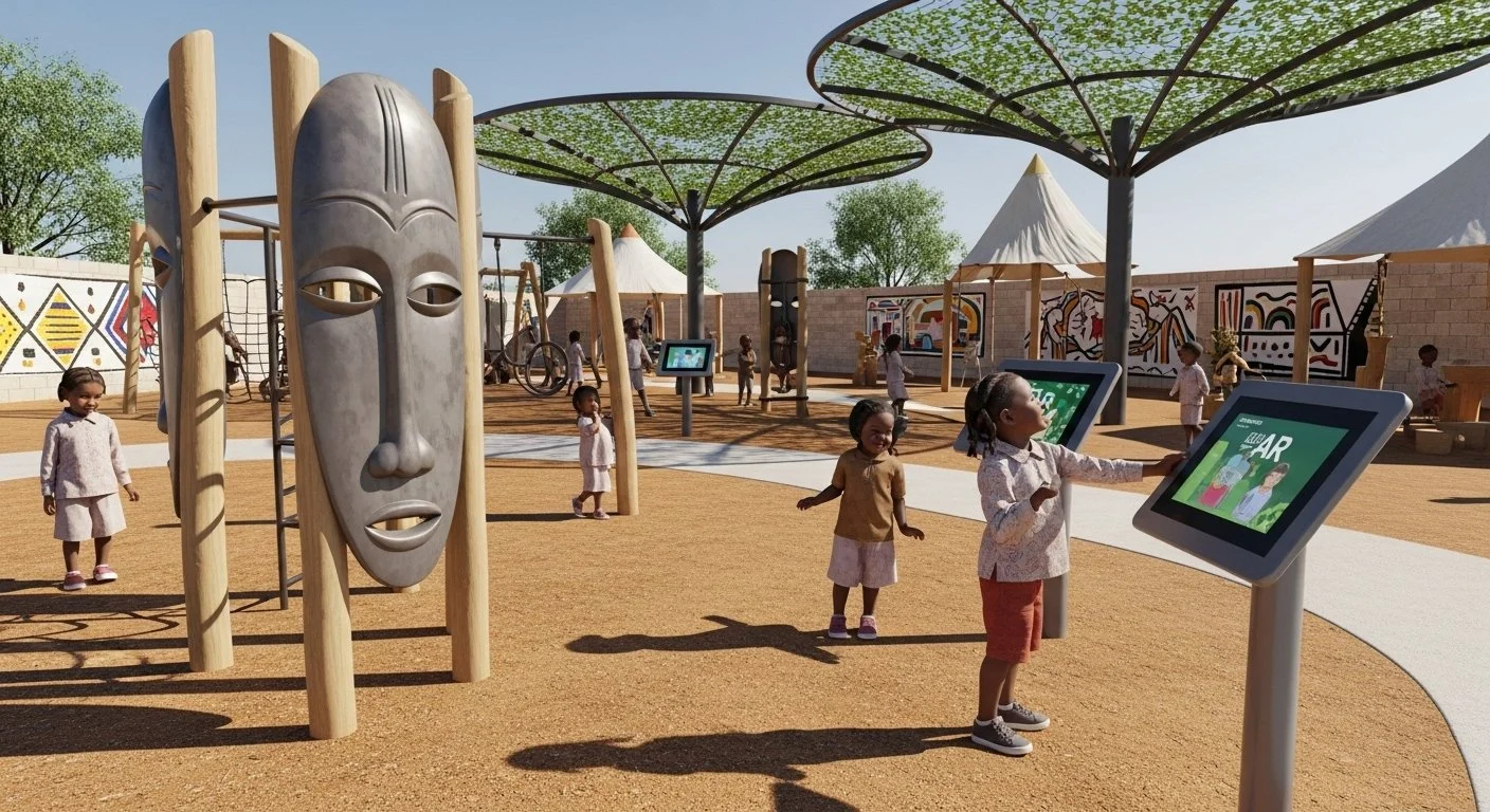 Children playing at a playground with large tribal masks and interactive digital displays, surrounded by mural walls and shaded trees.