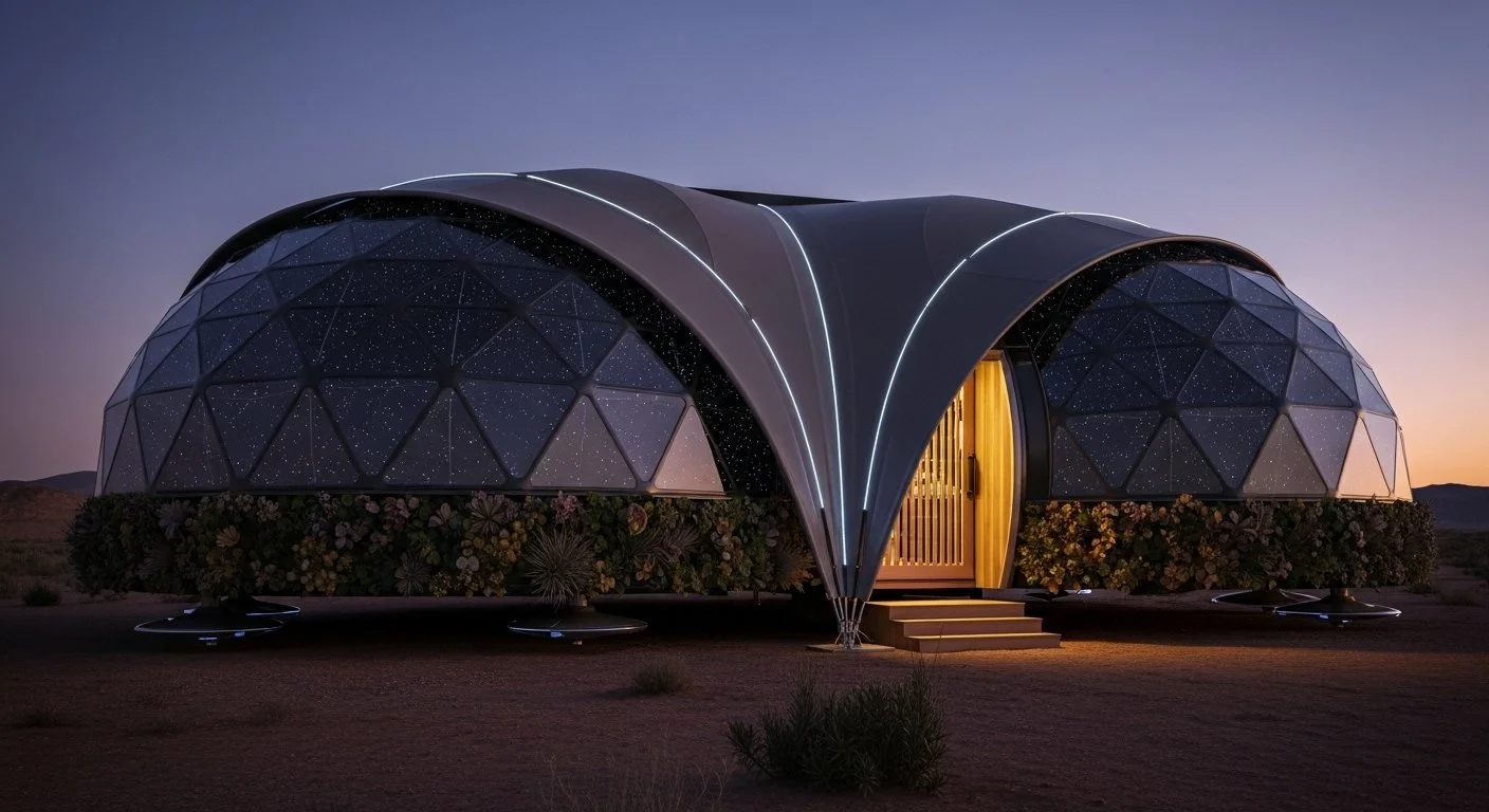 A futuristic dome-shaped house at dusk with starry sky reflections on the glass panels and outdoor lighting.
