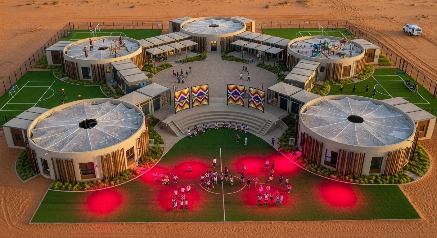 Aerial view of a modern school building with circular structures, surrounding playgrounds, and sports fields, with children playing outside.