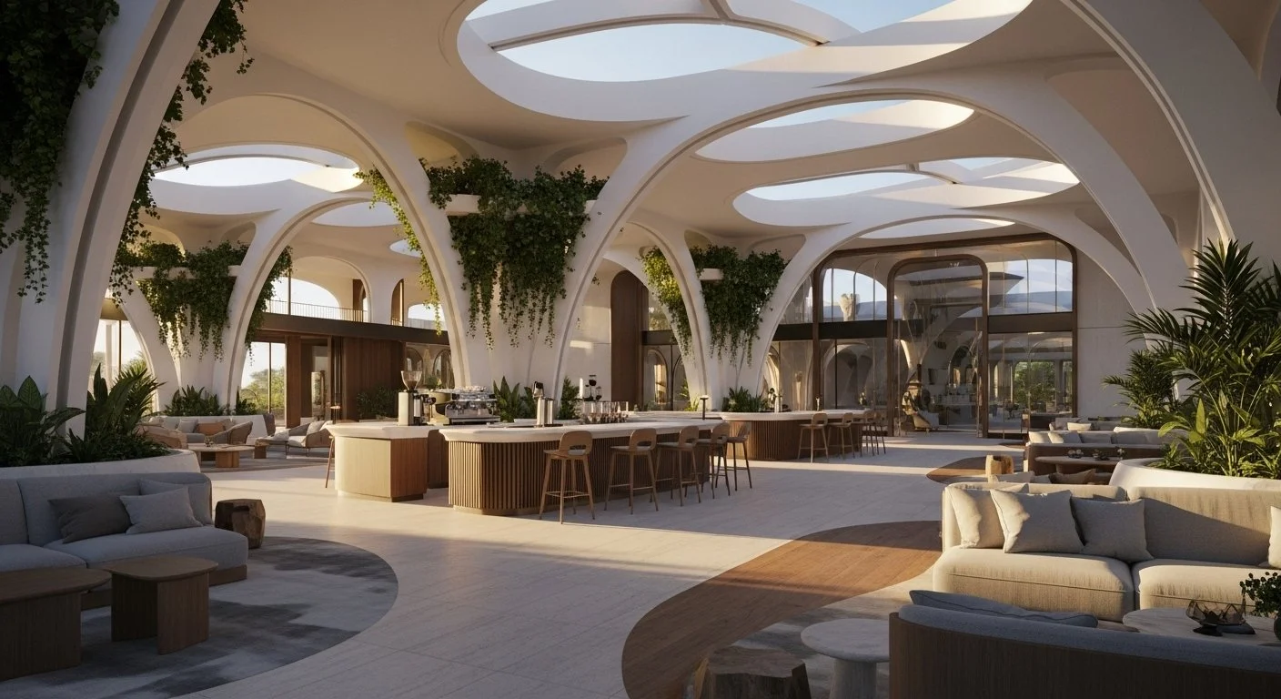 Bright, modern lounge area with large arched ceilings and skylights, featuring sofas, potted plants, and a bar with stools in a spacious interior.