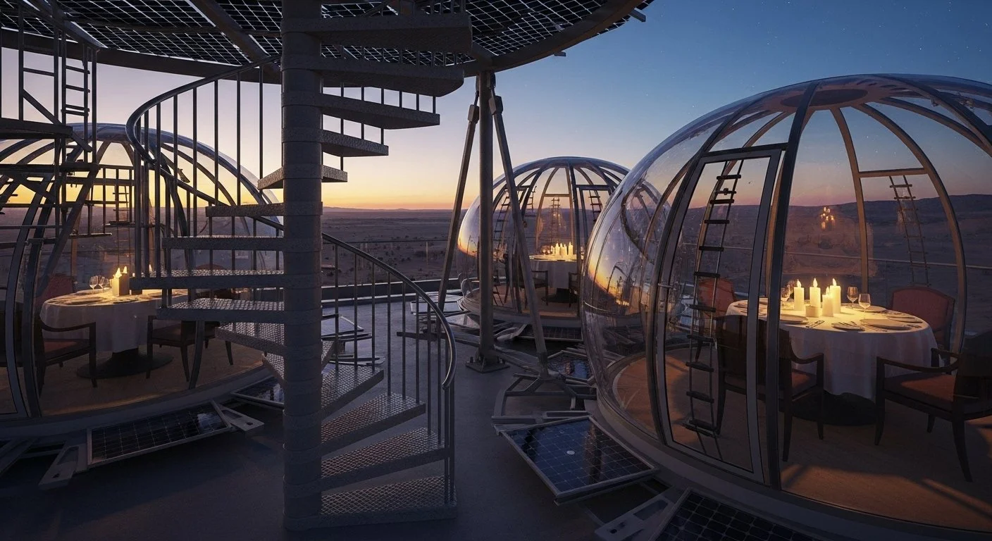 Inside futuristic glass pods at sunset, with dining tables set with candles, in a desert landscape with a clear sky.