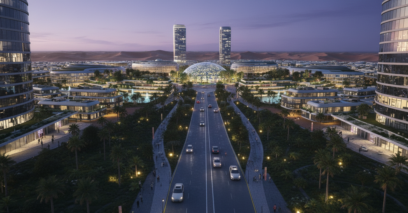 A futuristic cityscape at dusk with tall modern buildings, a glass-domed structure in the center, and a wide road with cars and pedestrian walkways.