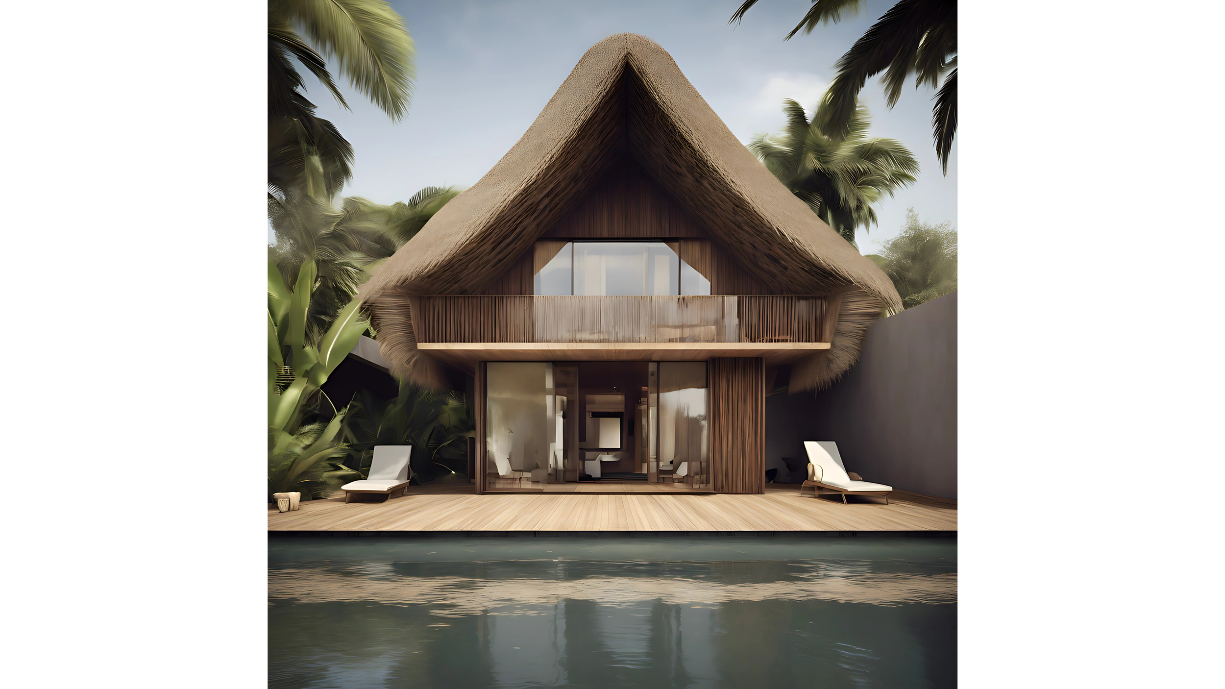 A modern tropical house with a thatched roof, large glass doors and windows, surrounded by lush greenery, with a pool in the foreground and a wooden deck with lounge chairs.
