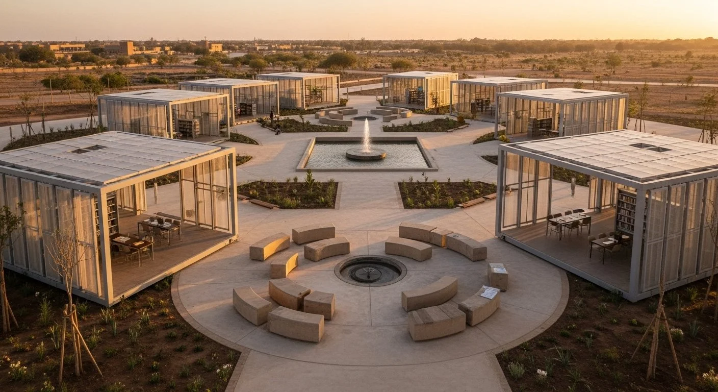 Modern outdoor space with glass-enclosed structures, a fountain, and seating area, during sunset.