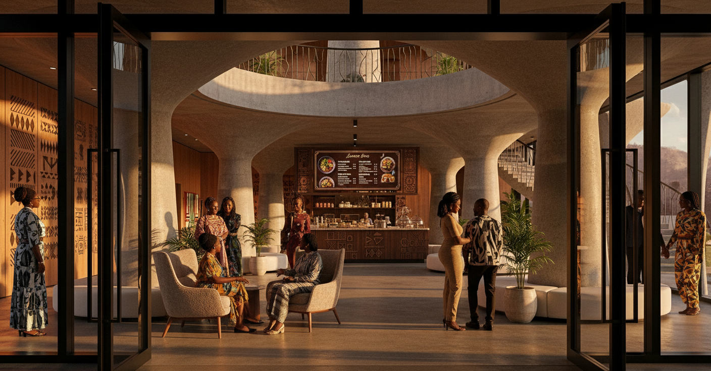 People gather inside a modern, open-concept lobby with curved architectural features and large glass doors. Some are seated, others are standing and engaging in conversation. There is a staircase on the right, potted plants, and a digital menu board