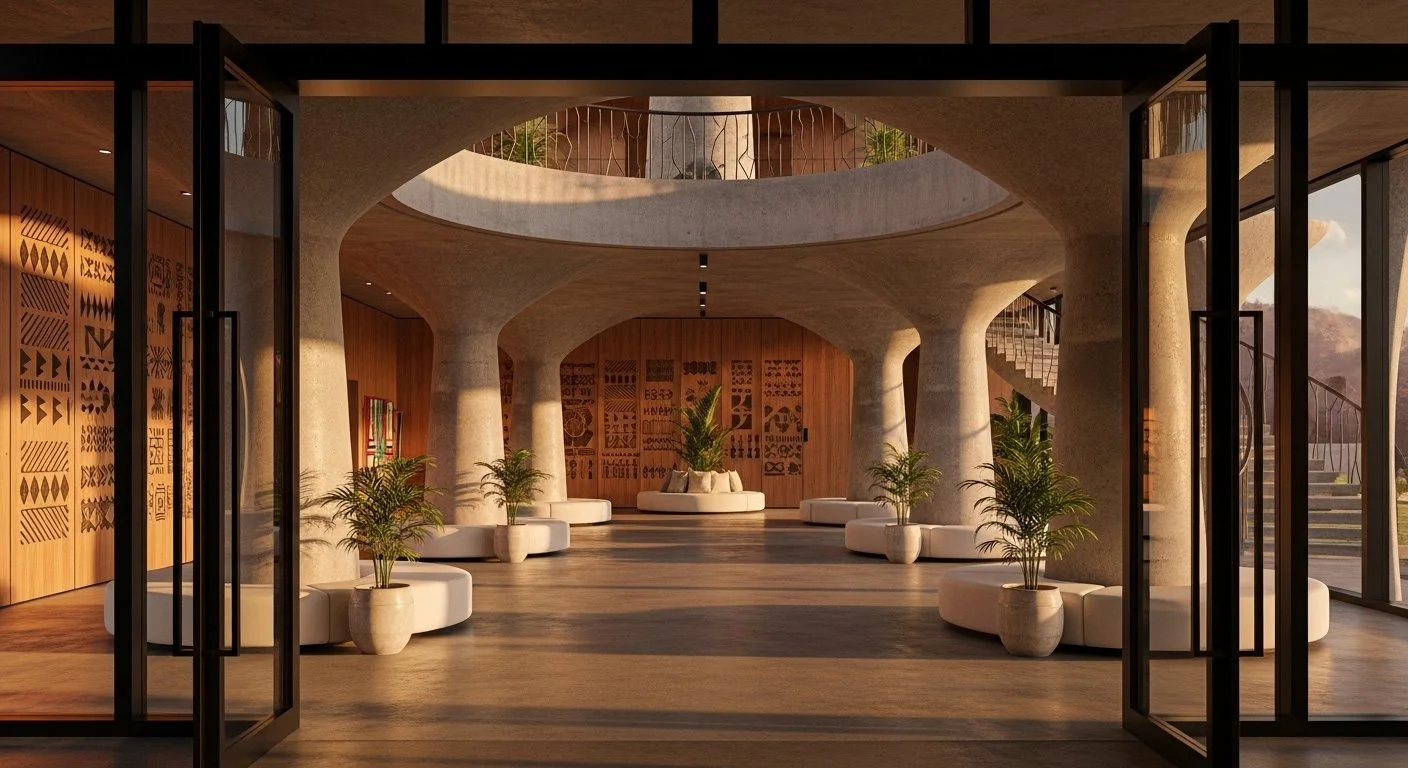 Modern interior of a building with large glass doors, circular white seating with potted plants, and a staircase leading upstairs, with wooden and concrete elements.