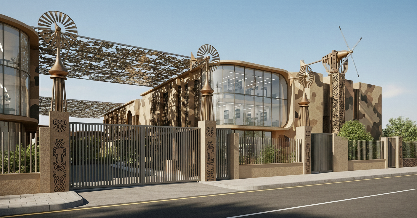 Cold War-era military building with camouflage pattern, wind turbine sculptures, large glass windows, and decorative metal elements, surrounded by a fence and trees.