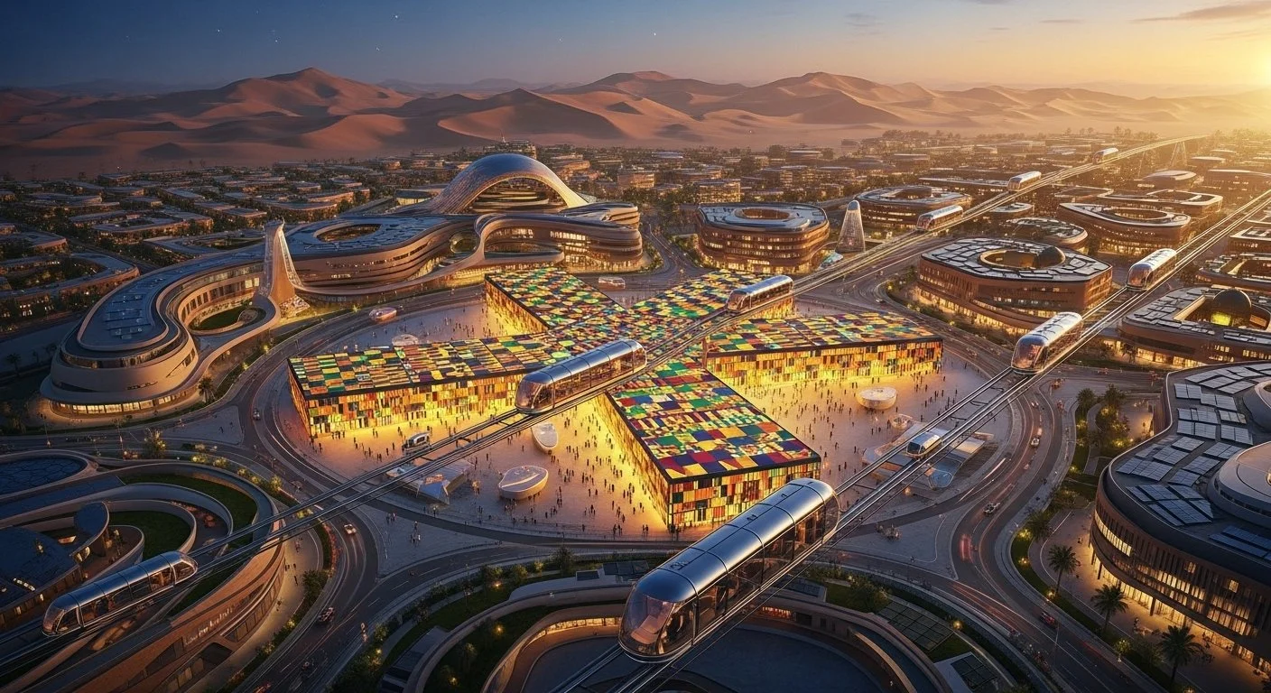 Futuristic cityscape with circular and curved buildings, elevated train tracks with trains, and a large colorful cube-shaped structure in the center, set against a desert and mountain backdrop at sunset.