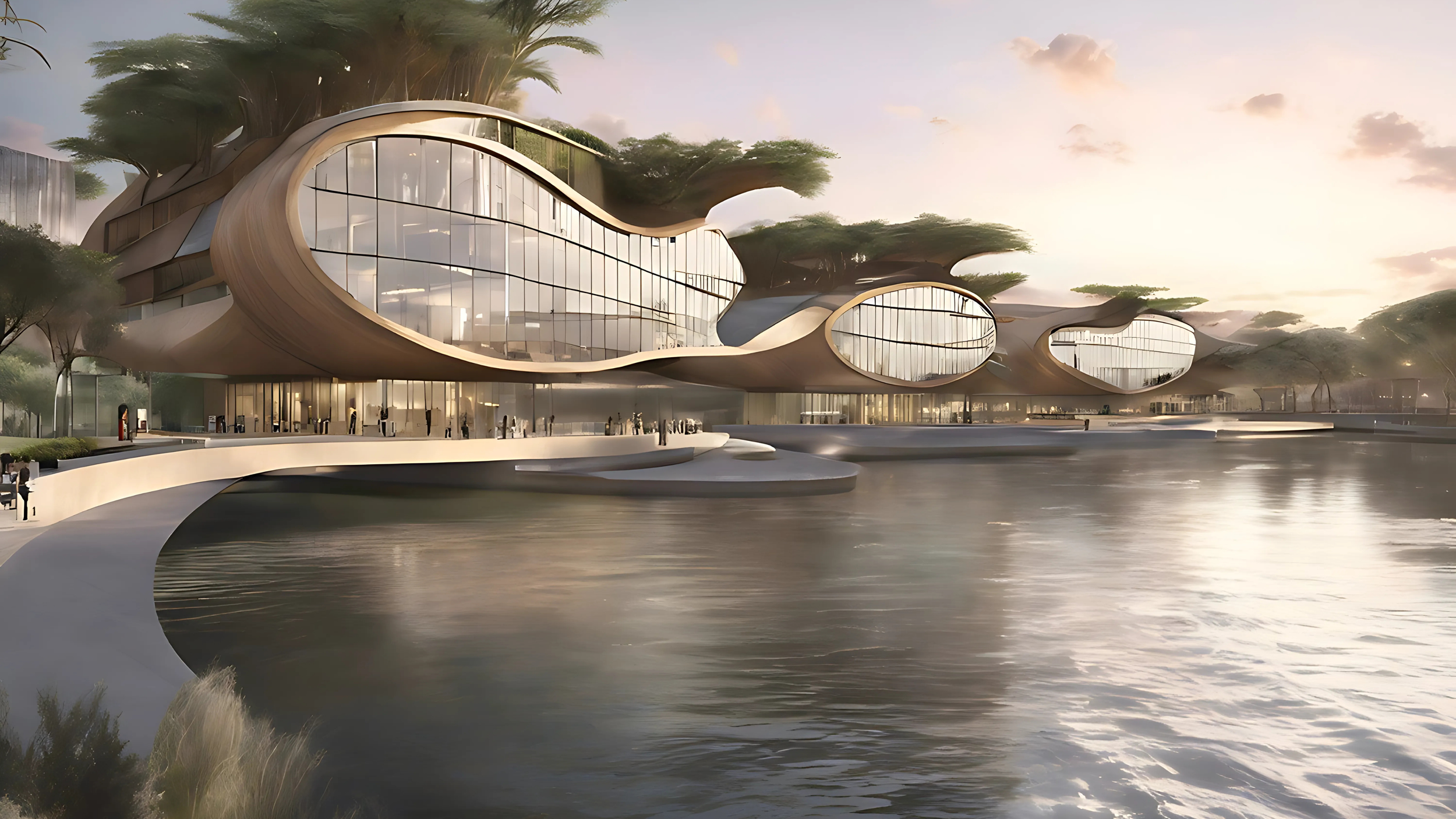 Futuristic building with organic shapes and large glass windows by water, surrounded by trees, at sunset.