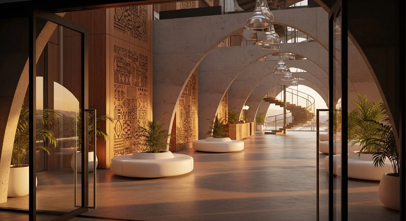 Modern interior with curved arches, potted plants, and hanging pendant lights in a bright, open space with large windows and wooden flooring.