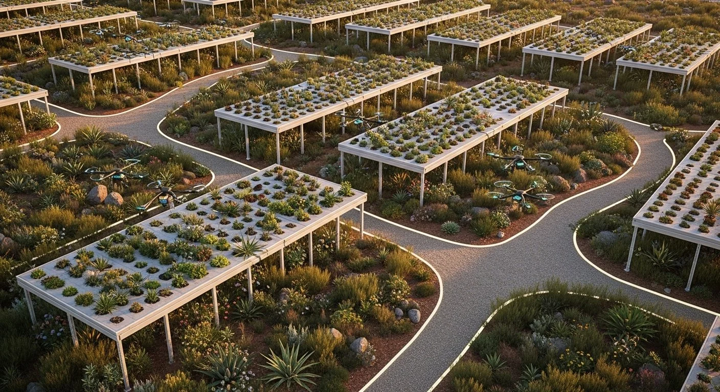 Aerial view of a community garden with elevated beds containing succulents and drought-tolerant plants, surrounded by winding pathways and sparse desert landscaping.