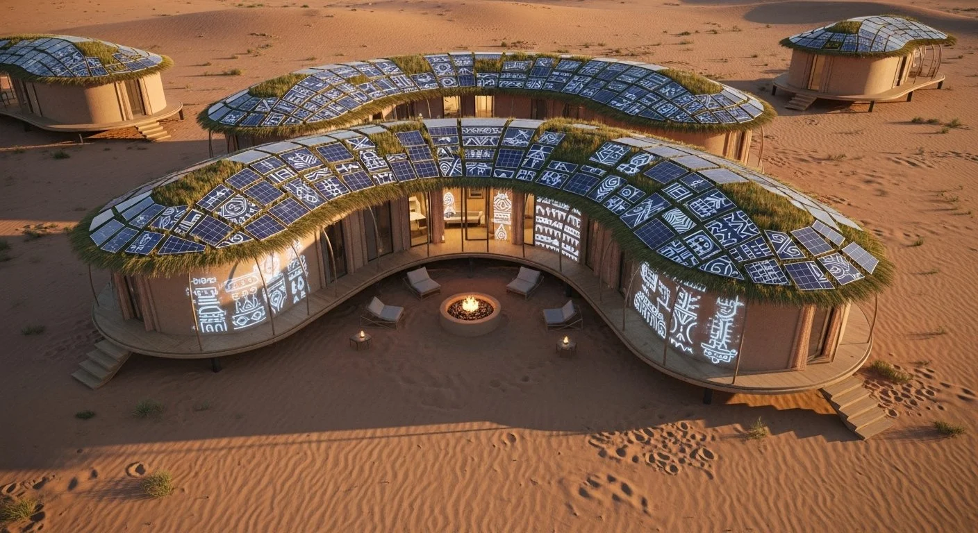 A round, modern building in a desert with a fire pit in the center and solar panels on the roof. The building has large glass windows and a grassy roof. There are stairs leading up to the entrances and some lounge chairs around the fire pit.