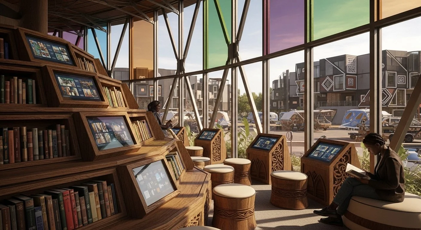 Inside a modern library with large glass windows and colorful panels. Wooden bookshelves and seating areas, with people reading and using touchscreen devices.
